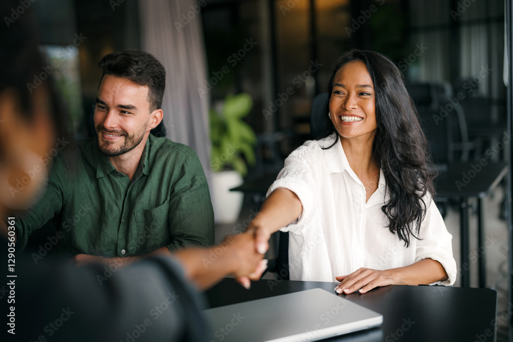 custom made wallpaper toronto digitalHandshake of happy young business woman and business man at office meeting