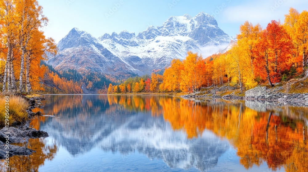 Obraz premium Autumn lake reflecting snow-capped mountains (8)