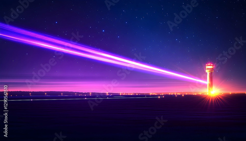 Night Airport Tower with Laser Beams
