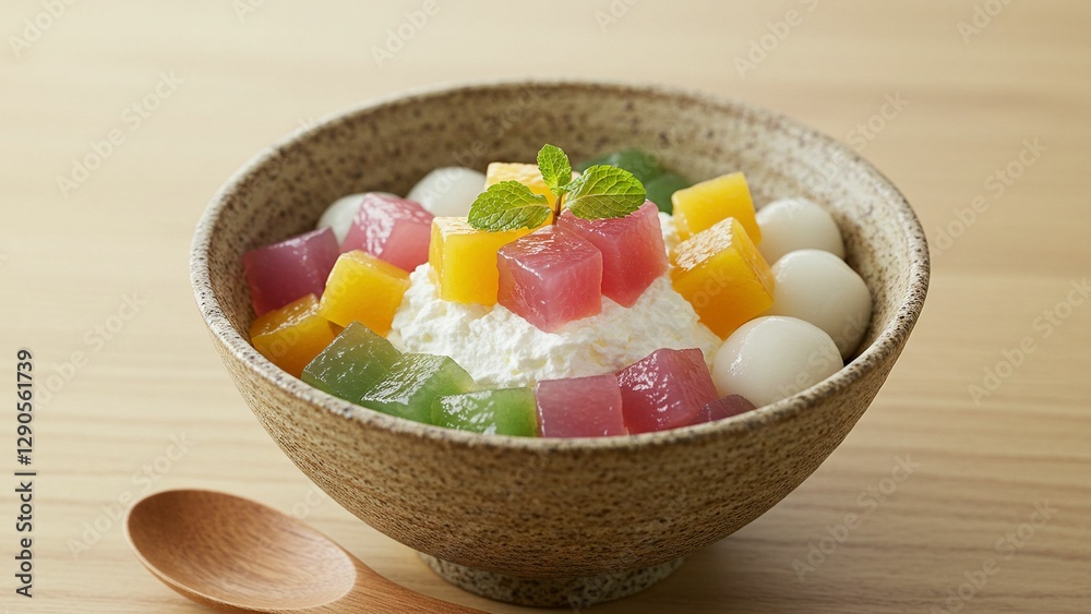 Japanese traditional dessert with colorful anmitsu Japanese traditional dessert with colorful anmitsu