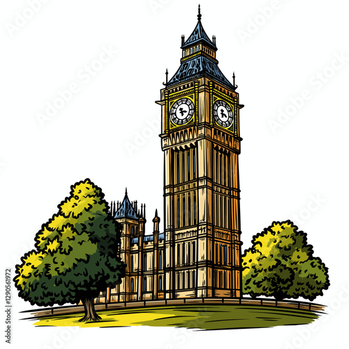 Vector comic hand-drawn illustration of Big Ben. Big Ben in London