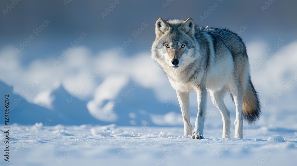 Fototapeta premium A majestic wolf standing in a serene snowy landscape. This image captures the essence of wilderness and the beauty of wildlife in its natural habitat.