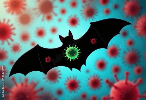 Illustration of a bat with a virus inside its body, surrounded by red virus particles on a blue background. Concept of disease transmission and zoonotic infections.