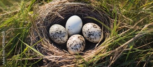 Golden Plover nest featuring four speckled eggs in a circular grass nest, captured from an elevated perspective against a soft green backdrop.
