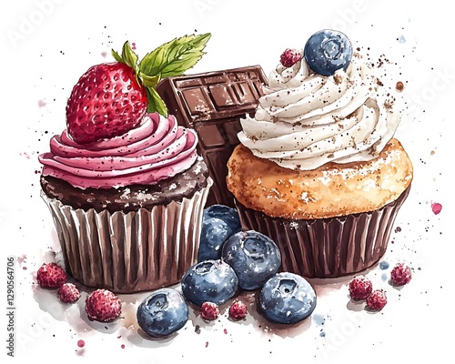 Tasty cupcakes, berries, and chocolate