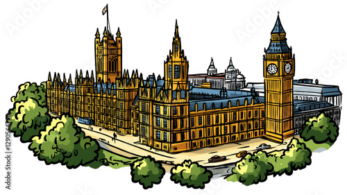 Vector comic hand-drawn illustration of Palace of Westminster. Palace of Westminster in London