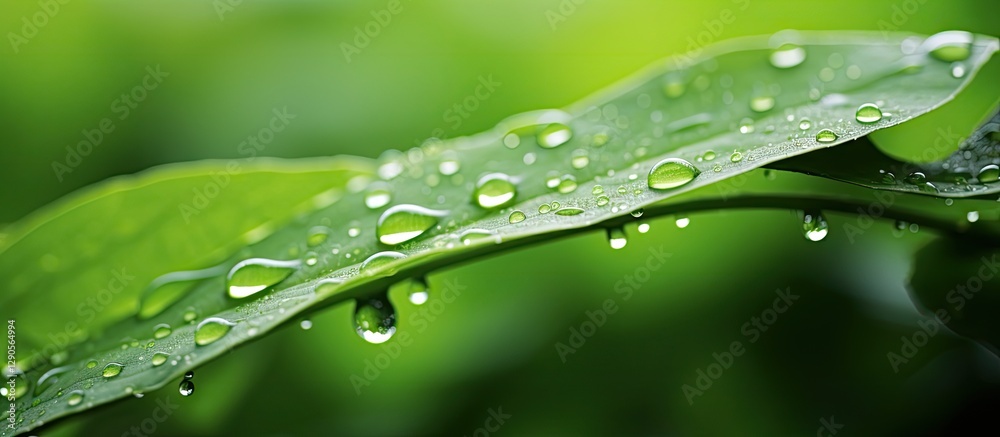 Close-up view of green leaves with water droplets on the surface against a blurred green background showcasing freshness and nature's beauty Close-up view of green leaves with water droplets on the surface against a blurred green background showcasing freshness and nature's beauty