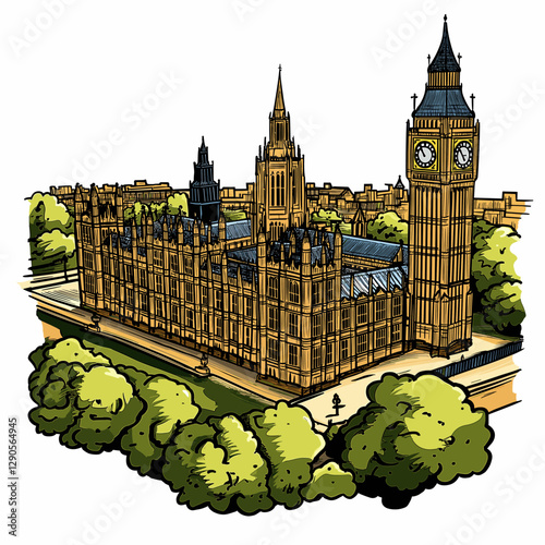Vector comic hand-drawn illustration of Palace of Westminster. Palace of Westminster in London