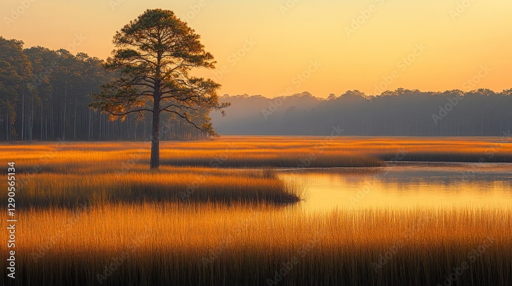 Golden Sunrise Over Coastal Marsh with Lone Pine Golden Sunrise Over Coastal Marsh with Lone Pine