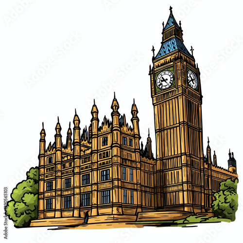 Vector comic hand-drawn illustration of Palace of Westminster. Palace of Westminster in London