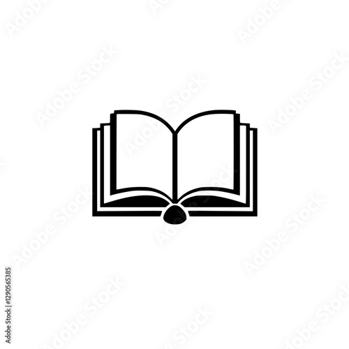 A minimalist, black-and-white, abstract illustration of an open book with bold lines.