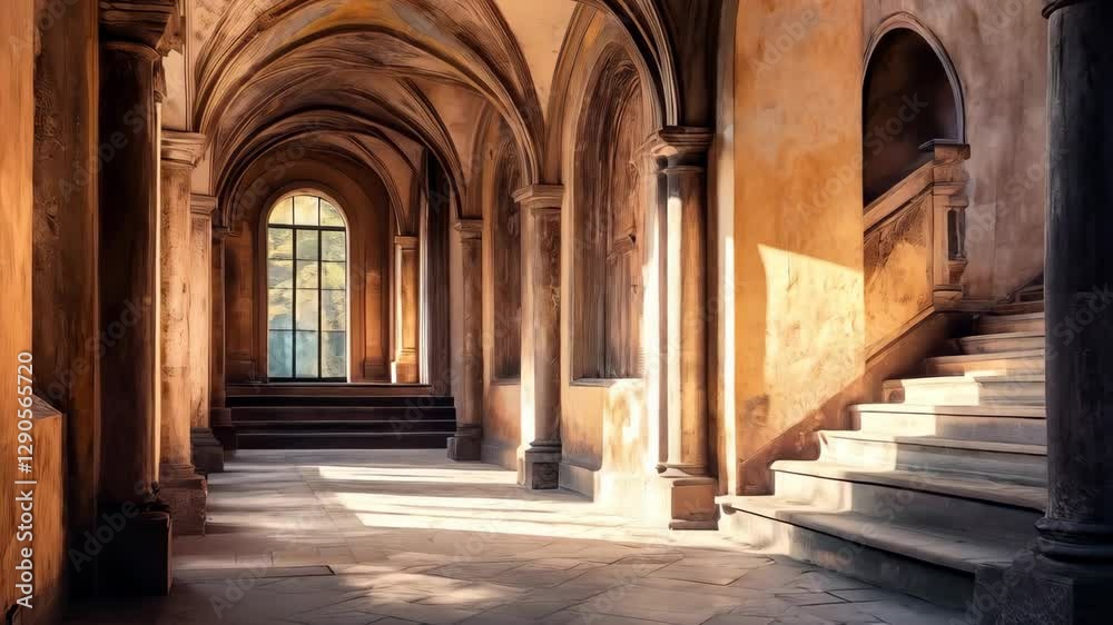 A classical architectural style featuring an arched colonnade with a series of stone columns and arches in an old European castle or monastery A classical architectural style featuring an arched colonnade with a series of stone columns and arches in an old European castle or monastery