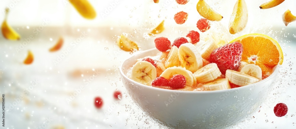 Vibrant snack bowl overflowing with sliced bananas, strawberries, and orange segments on a light background with floating fruits and seeds. Vibrant snack bowl overflowing with sliced bananas, strawberries, and orange segments on a light background with floating fruits and seeds.