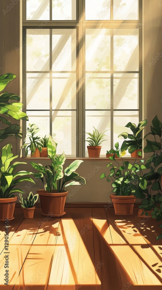Sunlight Streams Through a Large Window, Illuminating a Cozy Room Filled With Various Indoor Plants and a Wooden Ladder Sunlight Streams Through a Large Window, Illuminating a Cozy Room Filled With Various Indoor Plants and a Wooden Ladder
