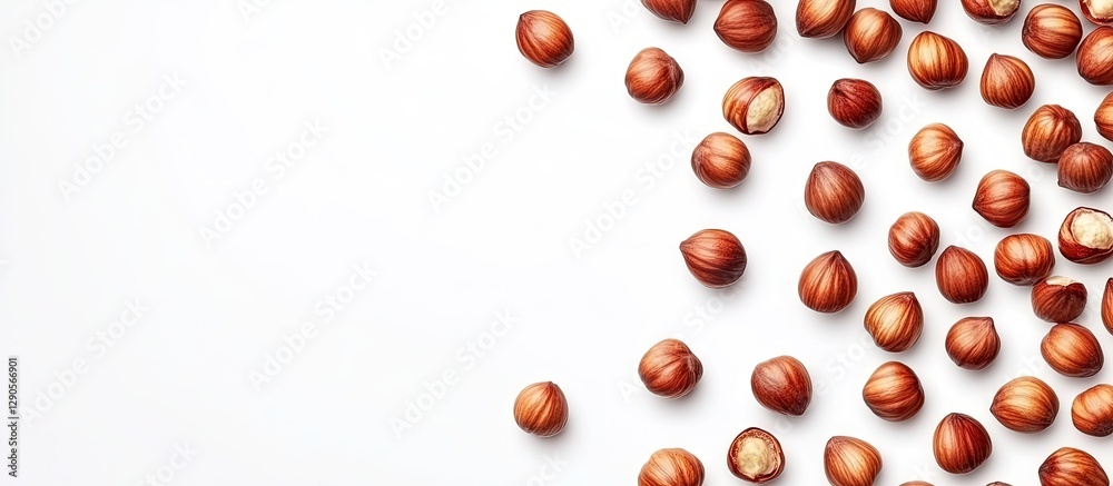 Full and halved hazelnuts scattered on white background with a top view composition featuring rich brown hues and organic textures on the left side. Full and halved hazelnuts scattered on white background with a top view composition featuring rich brown hues and organic textures on the left side.