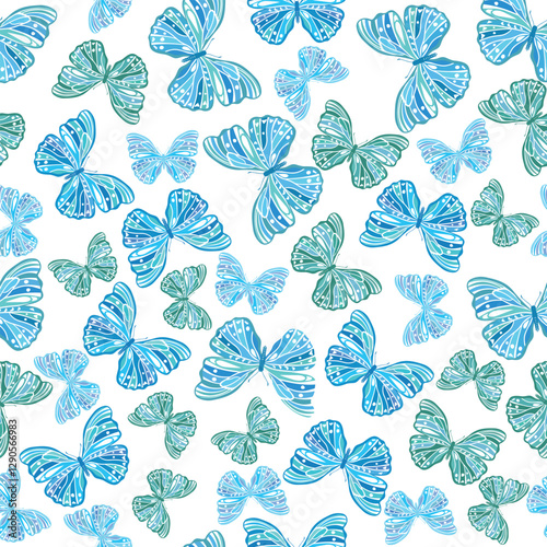 Seamless butterfly pattern. Repeating hand drawn vector print with a variety of blue butterflies on white background