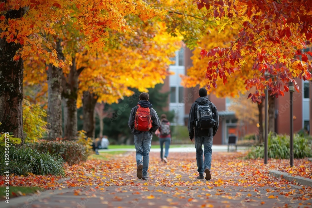 Two students walk along a path framed by vibrant autumn foliage, enjoying the serene beauty of the season on a college campus. Two students walk along a path framed by vibrant autumn foliage, enjoying the serene beauty of the season on a college campus.