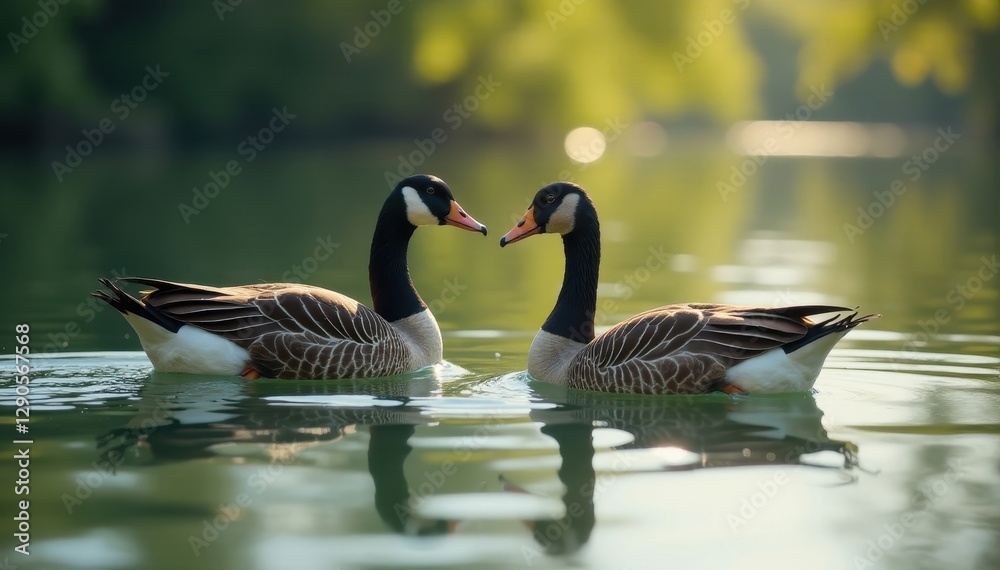 Fototapeta premium Geese paddling on a clear lake, sunlight reflecting on feathers , wildlife, scenery, reflection