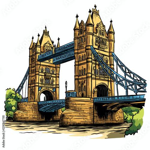Vector comic hand-drawn illustration of Tower Brigde. Tower Brigde in London