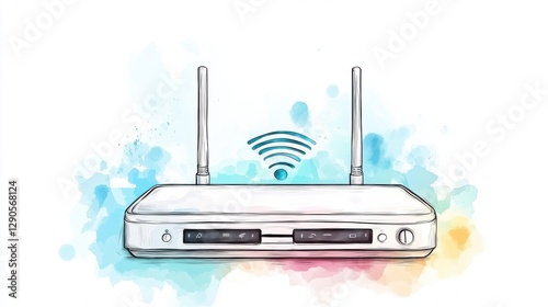A creative watercolor illustration of a wireless router, symbolizing connectivity and the digital world, ideal for technology-related content.
