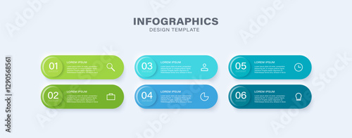 Timeline 6 steps color infographic template in neumorphism style