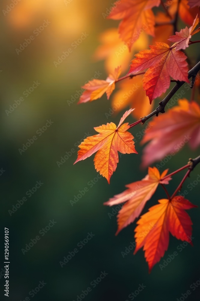 Crisp orange, red, and yellow leaves clinging to a bare branch , sketch, artwork Crisp orange, red, and yellow leaves clinging to a bare branch , sketch, artwork