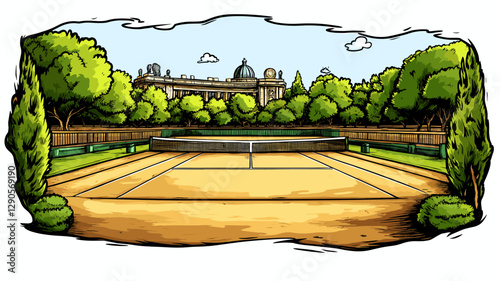 Vector comic hand-drawn illustration of Wimbledon Tennis Complex. Wimbledon Tennis Complex in London
