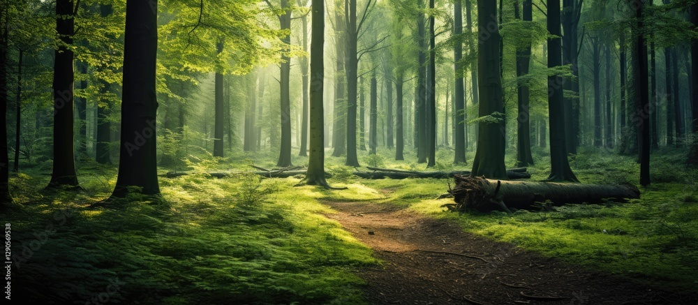 Obraz premium Serene green forest with sunlight filtering through tall trees illuminated by lush foliage and a soft mossy path winding through the scene