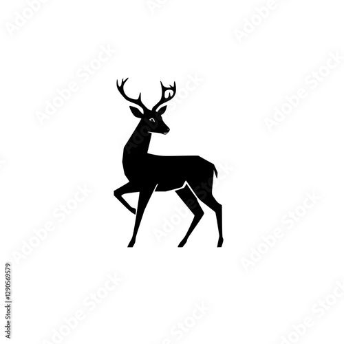 Silhouette of a majestic deer walking gracefully, black on white, minimalist.