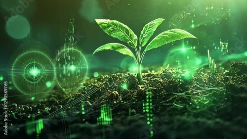 Vibrant Green Plant Growth in Rich Soil Embracing Nature and Technology for Sustainable Future