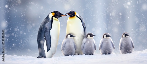 Emperor penguins huddled close in a snowstorm Weddell Sea Antarctica with snowy background and five chicks standing in front of adults photo