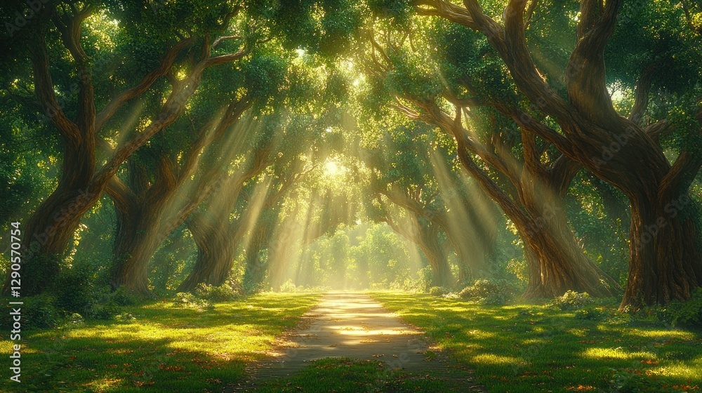 Sunlight path through lush forest canopy Sunlight path through lush forest canopy