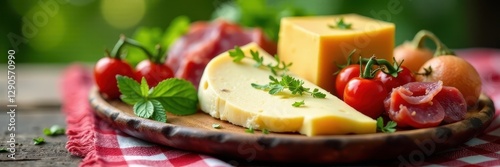Artisanal cheeses, cured meats, & fresh herbs on checkered blanket , summertime, gourmet