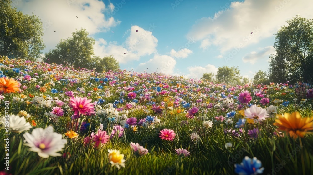 Vibrant Field Filled With Colorful Flowers and Fluffy Clouds Under a Bright Blue Sky During a Sunny Day in Spring Vibrant Field Filled With Colorful Flowers and Fluffy Clouds Under a Bright Blue Sky During a Sunny Day in Spring