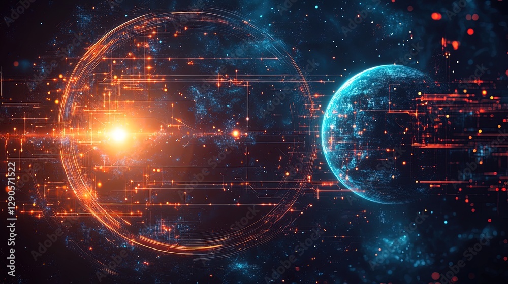 Obraz premium Futuristic space-themed background with glowing planets, cosmic energy patterns, and swirling stars 