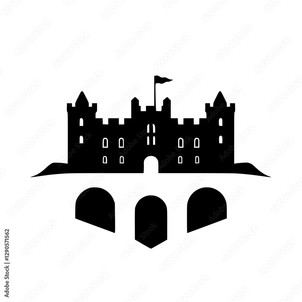 Fototapeta premium Black silhouette of a castle with drawbridge