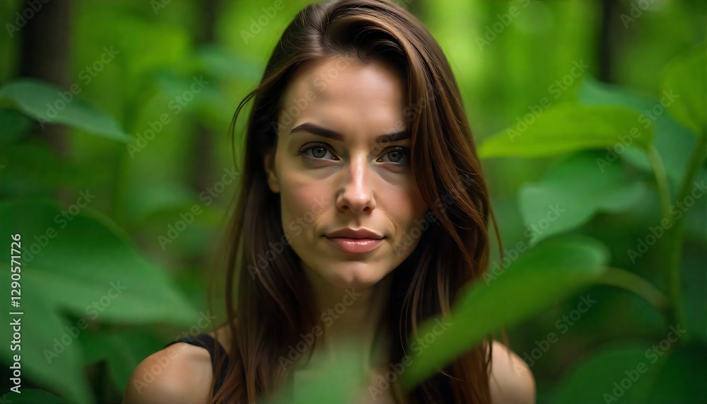 Serene Young Woman with Brown Hair Amidst Lush Green Foliage Serene Young Woman with Brown Hair Amidst Lush Green Foliage
