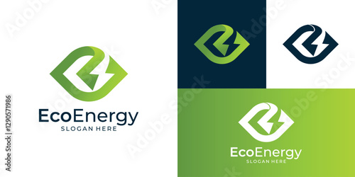 Modern abstract eco energy logo template. Leaf with lightning symbol logo design vector illustration.