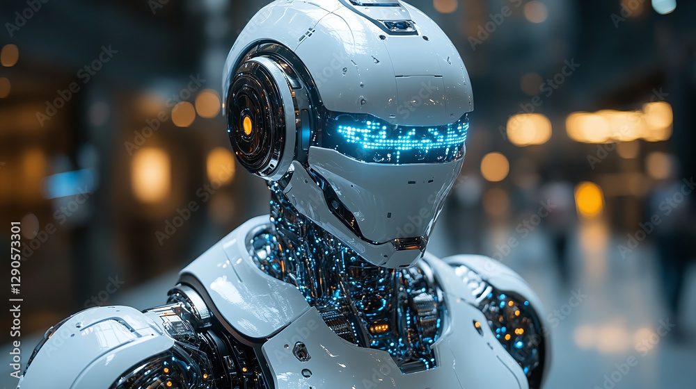 A high-tech humanoid robot with a sleek white exterior, glowing blue LED eyes, and intricate cybernetic details in a futuristic setting A high-tech humanoid robot with a sleek white exterior, glowing blue LED eyes, and intricate cybernetic details in a futuristic setting