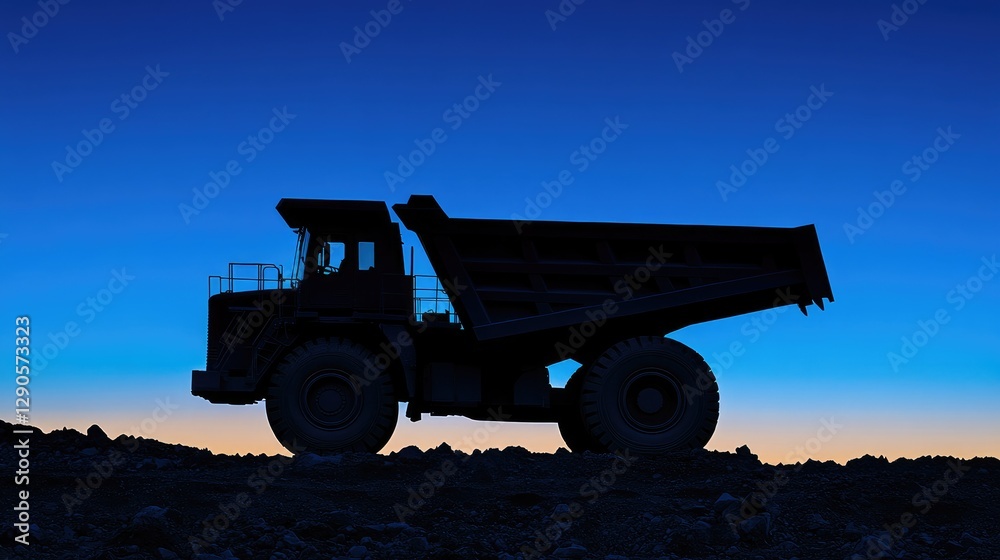 Obraz premium Heavy-duty dump truck silhouette positioned on rugged terrain against a dark blue sky