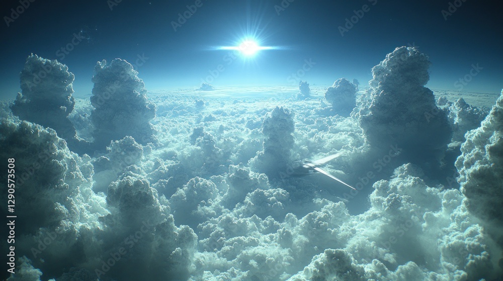 Fototapeta premium Aerial view of airplane flying above dense clouds, bright sun shining through