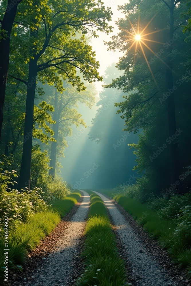 Obraz premium Misty spring morning, winding country road cuts through dense forest , countryside, atmosphere, green