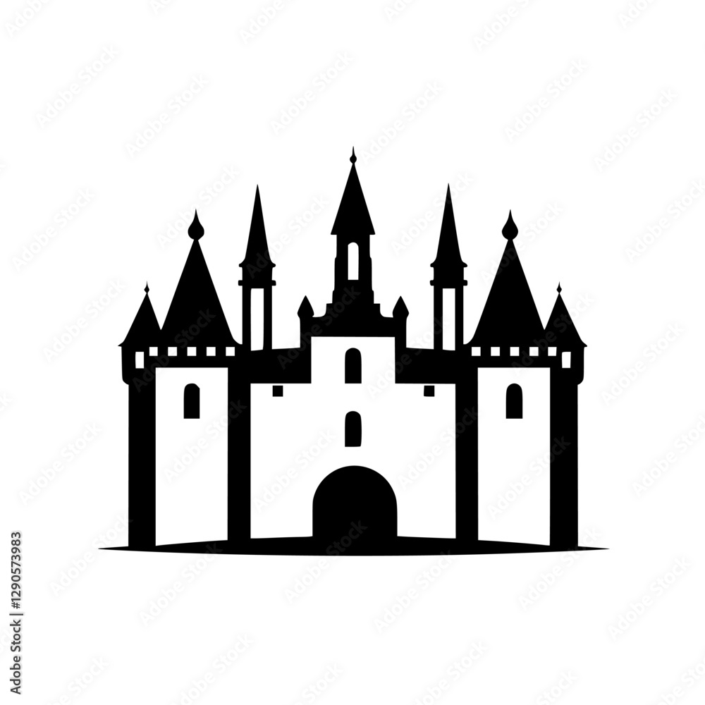 Black-and-White Silhouette of a Castle, Silhouette, a representation of a castle with towers and a gate. Black-and-White Silhouette of a Castle, Silhouette, a representation of a castle with towers and a gate.