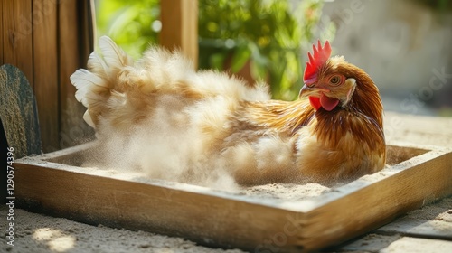 Hen Relaxing in Sand Bath Against Sunlit Garden Backdrop for Feathery Hygiene and Relaxation