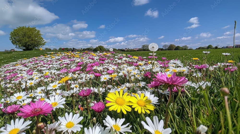 Colorful Field of Daisies Under a Bright Blue Sky With Fluffy Clouds in Springtime