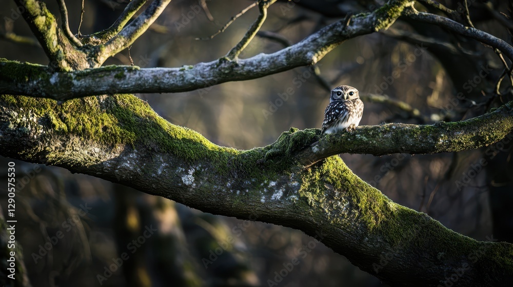 Expanded Graceful Small Owl Resting on Moss-Covered Branch in Tranquil Woodland Setting as Dusk Gently Falls
