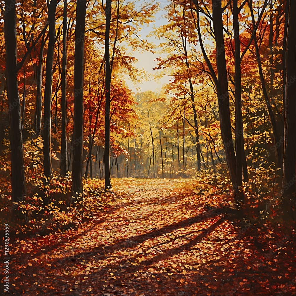 Fototapeta premium Warm golden light streaming through red leaves in autumn woods Image