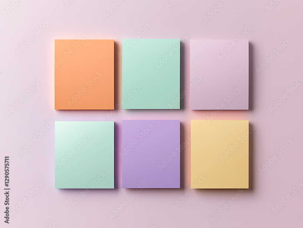 Fototapeta premium Soft Pastel Squares: Overhead shot of six colorful squares arranged on a muted pink background. A modern minimalist design with a sense of calm and creativity