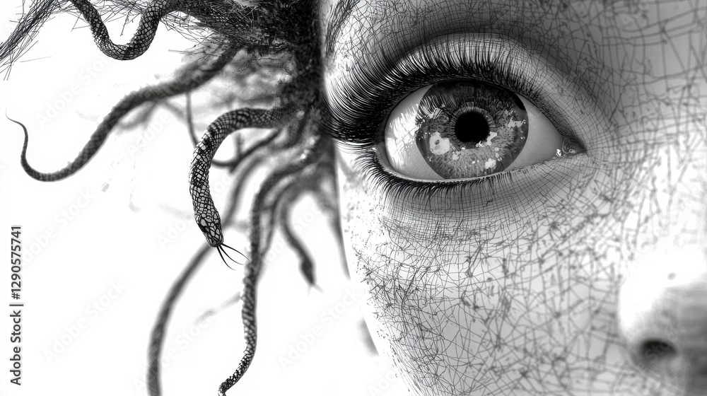 Obraz premium This close-up image explores Medusa's eye intertwined with snake-like hair, creating a striking visual that captures a sense of depth, mystery, and emotion.
