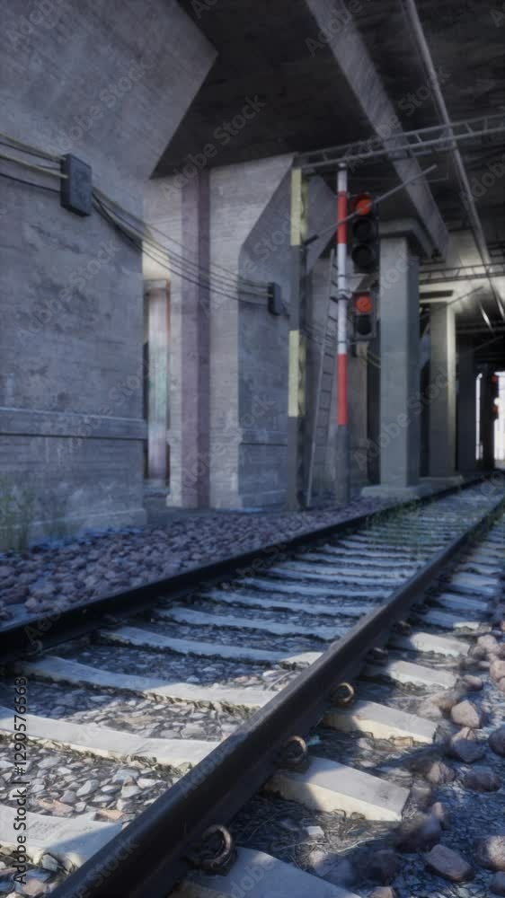An old abandoned railway track in a train station next to a building. An old abandoned railway track in a train station next to a building.